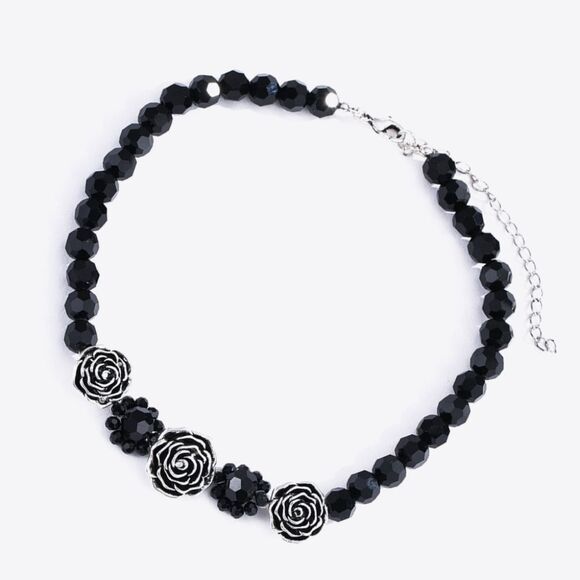 🌹 Silver-Plated Rose Black Beaded Lobster Clasp Necklace High Neck - Picture 4 of 8